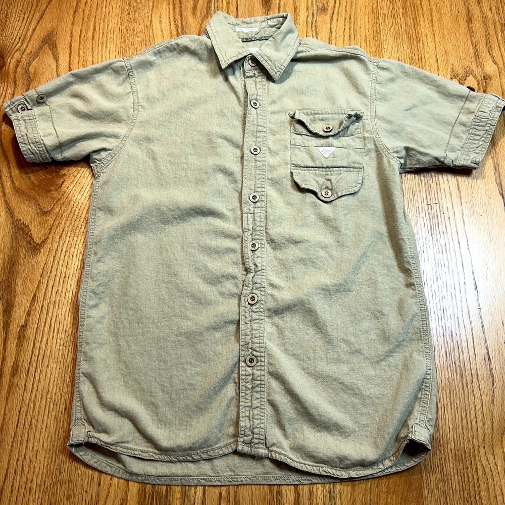 Parish Nation Safari Shirt Mens Medium Beige Tan Short Sleeve Linen Blend